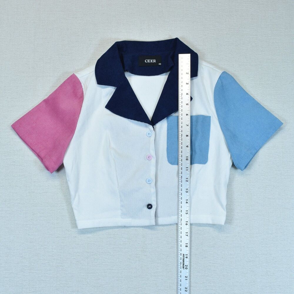 Cider Womens Colorblock Cropped Short Sleeve Button Up Shirt Top Pastel XS - Picture 5 of 5